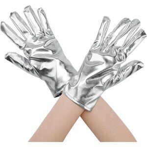 Women's Silver Shimmer Metallic Shiny Full Finger Short Gloves Party Costume